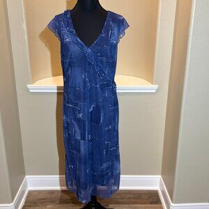 💙 AGB Asymmetrical Boho Blue V-Neck Shear Ruffle Dress Size 12